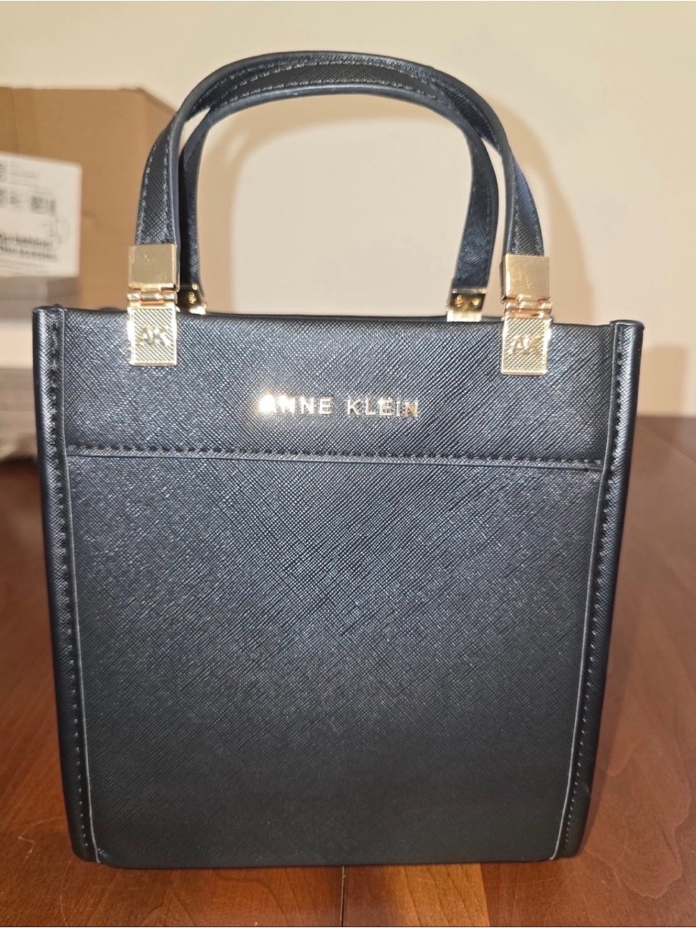 Anne Klein Black Mini Structured Top-Handle Bag with Gold Hardware